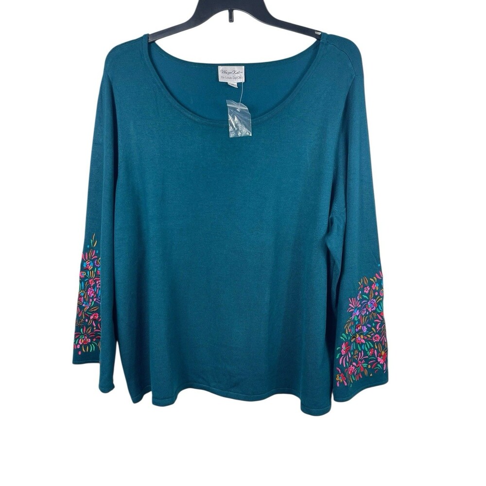 Whisper Knit by Louis Dell’Olio 3X Teal Long Sleeve Top Blouse Embroidered